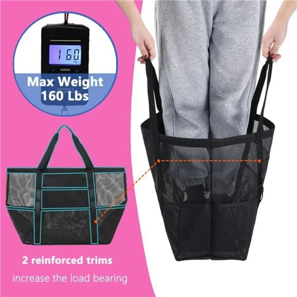 Mesh Beach Bag, Large Beach Tote with Zipper Pocket for Family Pool Bag